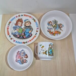 Vintage Raggedy Ann and Andy Melamine Dinnerware‎ Set 4 Pieces Kids